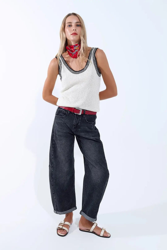 Cream Knit Tank Top with Black Trim - WHITE / ONE - Tops