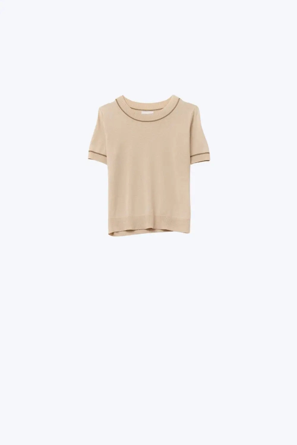 Beige Short Sleeve Knit Top with Camel Contrast Trims - BEIGE / ONE - Sweaters