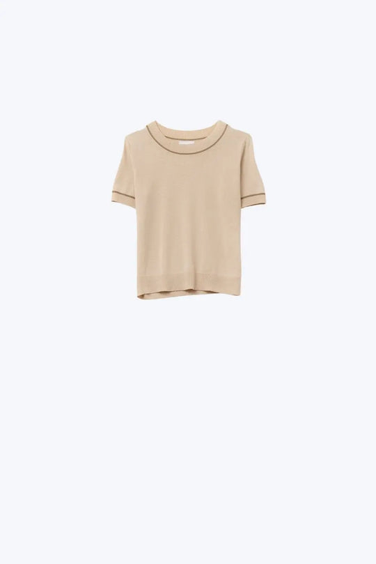 Beige Short Sleeve Knit Top with Camel Contrast Trims - BEIGE / ONE - Sweaters