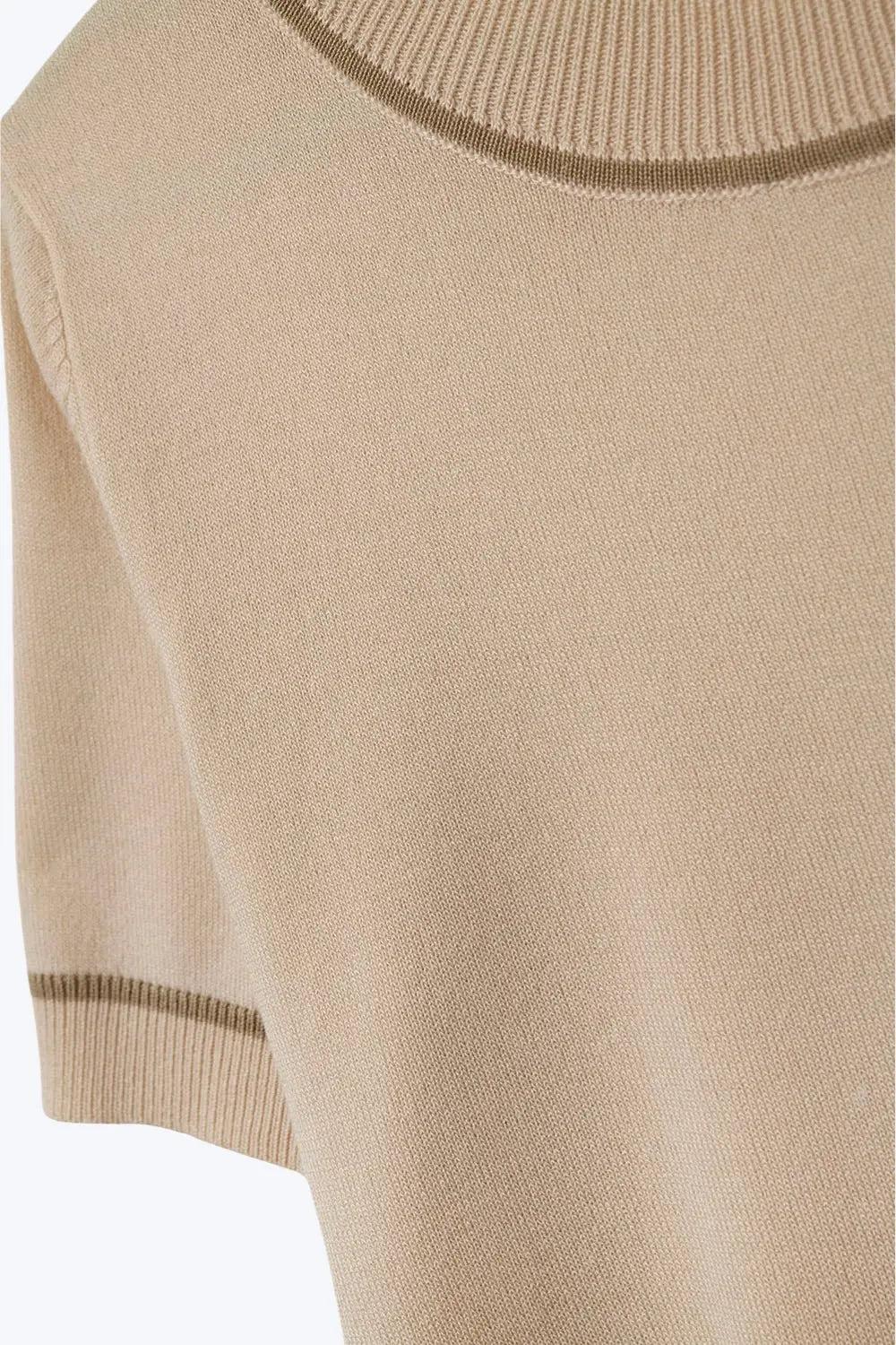 Beige Short Sleeve Knit Top with Camel Contrast Trims - BEIGE / ONE - Sweaters