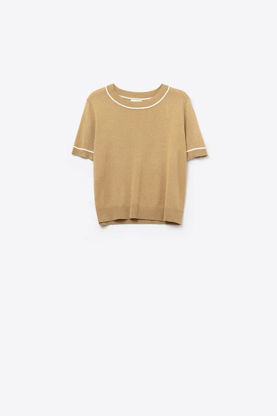 Camel Short Sleeve Knit Top with White Contrast Trims - CAMEL / ONE - Sweaters