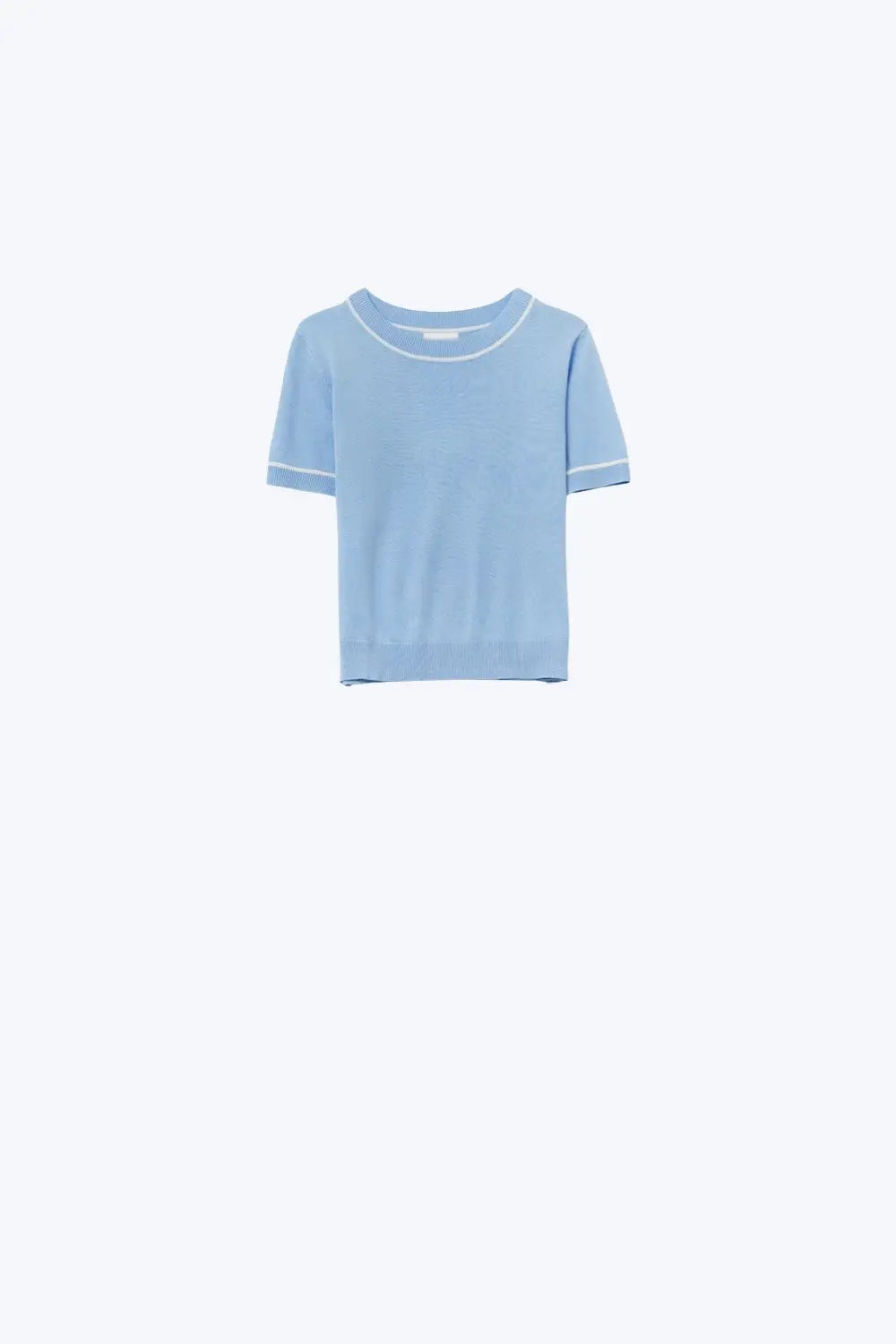 Baby Blue Short Sleeve Knit Top with Contrast Trims - BLUE / ONE - Sweaters