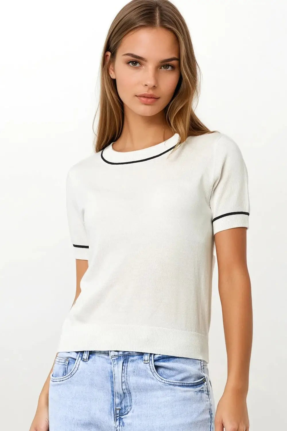 White Short Sleeve Knit Top with Black Contrast Trims - WHITE / ONE - Sweaters