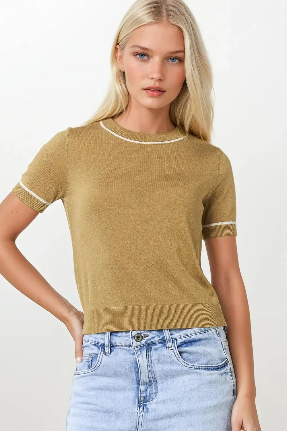 Camel Short Sleeve Knit Top with White Contrast Trims - CAMEL / ONE - Sweaters