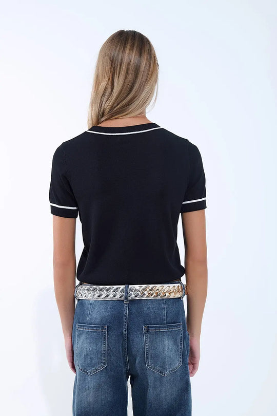 Black Short Sleeve Knit Top with Contrast Trims - BLACK / ONE - Sweaters