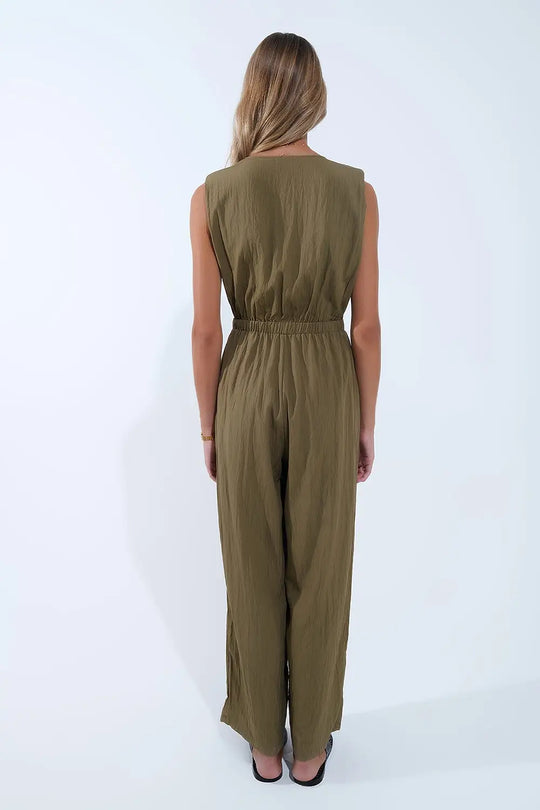 draped olive jumpsuit in crinkled fabric - Jumpsuits