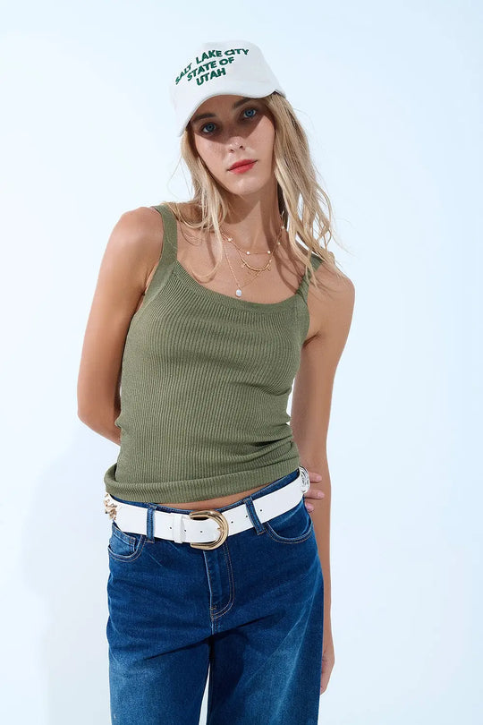 Khaki Green Ribbed Knit Top with Wide Straps - KHAKI / ONE - Sweaters