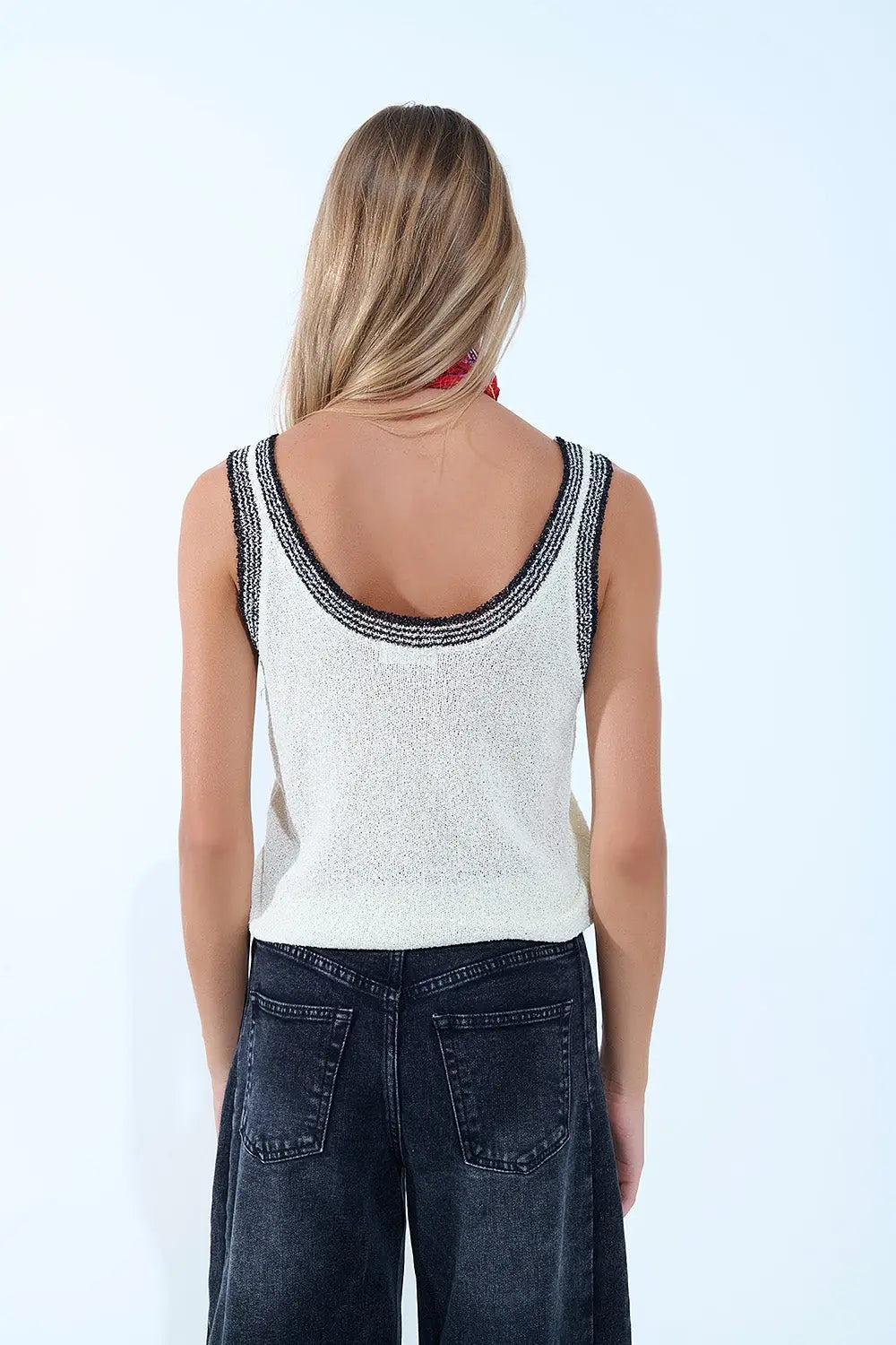 Cream Knit Tank Top with Black Trim - WHITE / ONE - Tops
