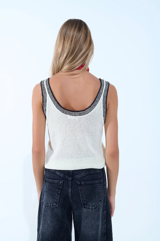 Cream Knit Tank Top with Black Trim - WHITE / ONE - Tops