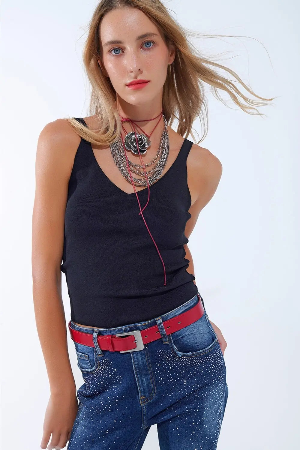 Black Ribbed Knit Top with V-neck and Spaghetti Straps - BLACK / ONE - Tops