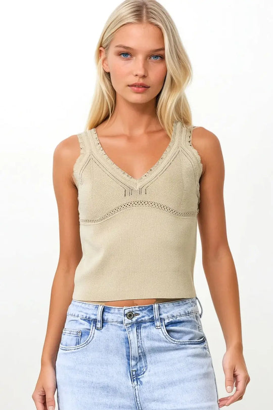Beige Ribbed Knit Top with Scalloped V-Neck - BEIGE / ONE - Tops