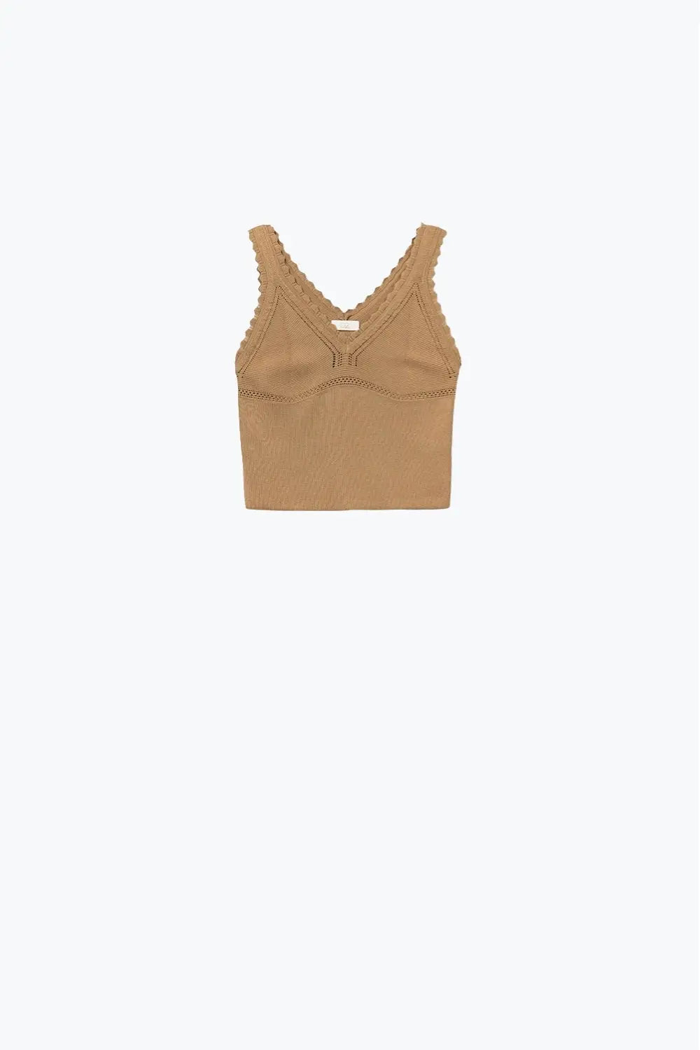 Camel Ribbed Knit Top with Scalloped V-Neck - CAMEL / ONE - Tops