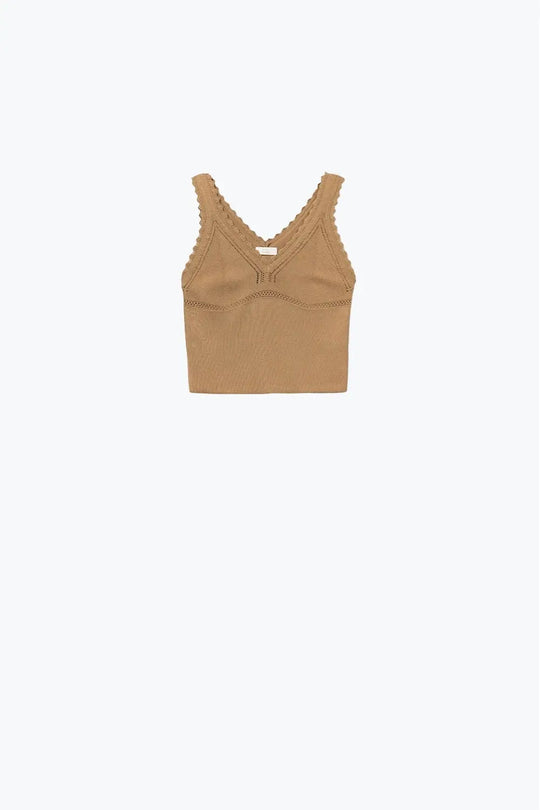 Camel Ribbed Knit Top with Scalloped V-Neck - CAMEL / ONE - Tops
