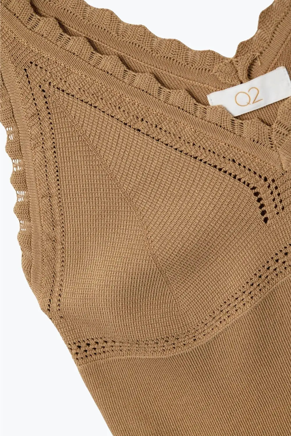 Camel Ribbed Knit Top with Scalloped V-Neck - CAMEL / ONE - Tops