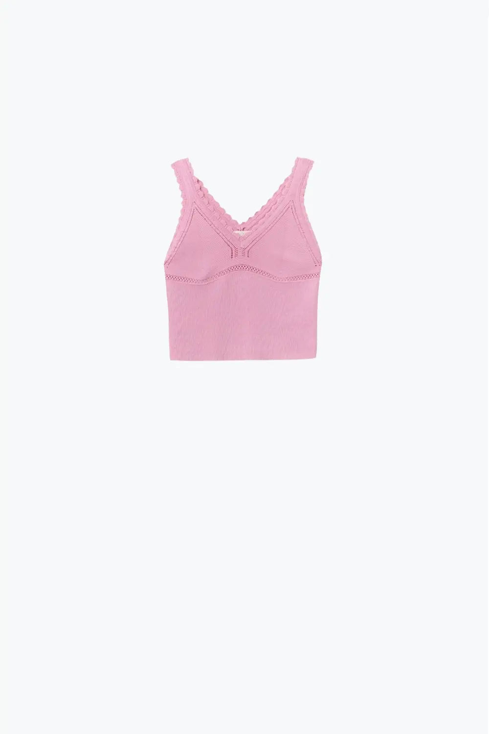 Pink Ribbed Knit Top with Scalloped V-Neck - PINK / ONE - Tops