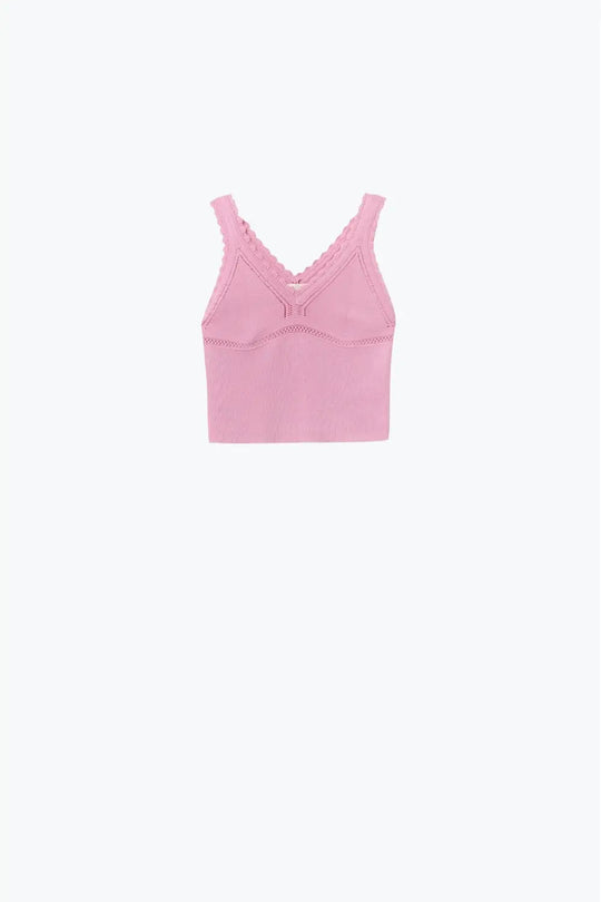 Pink Ribbed Knit Top with Scalloped V-Neck - PINK / ONE - Tops