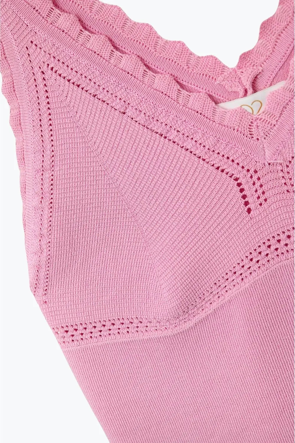 Pink Ribbed Knit Top with Scalloped V-Neck - PINK / ONE - Tops