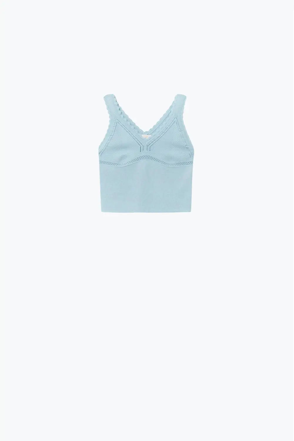 Baby Blue Ribbed Knit Top with Scalloped V-Neck - BLUE / ONE - Tops