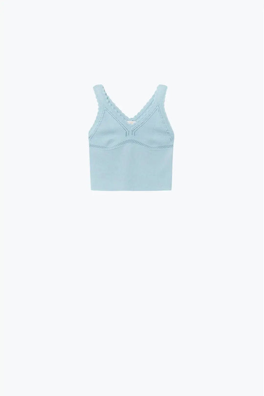 Baby Blue Ribbed Knit Top with Scalloped V-Neck - BLUE / ONE - Tops