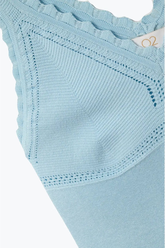 Baby Blue Ribbed Knit Top with Scalloped V-Neck - BLUE / ONE - Tops