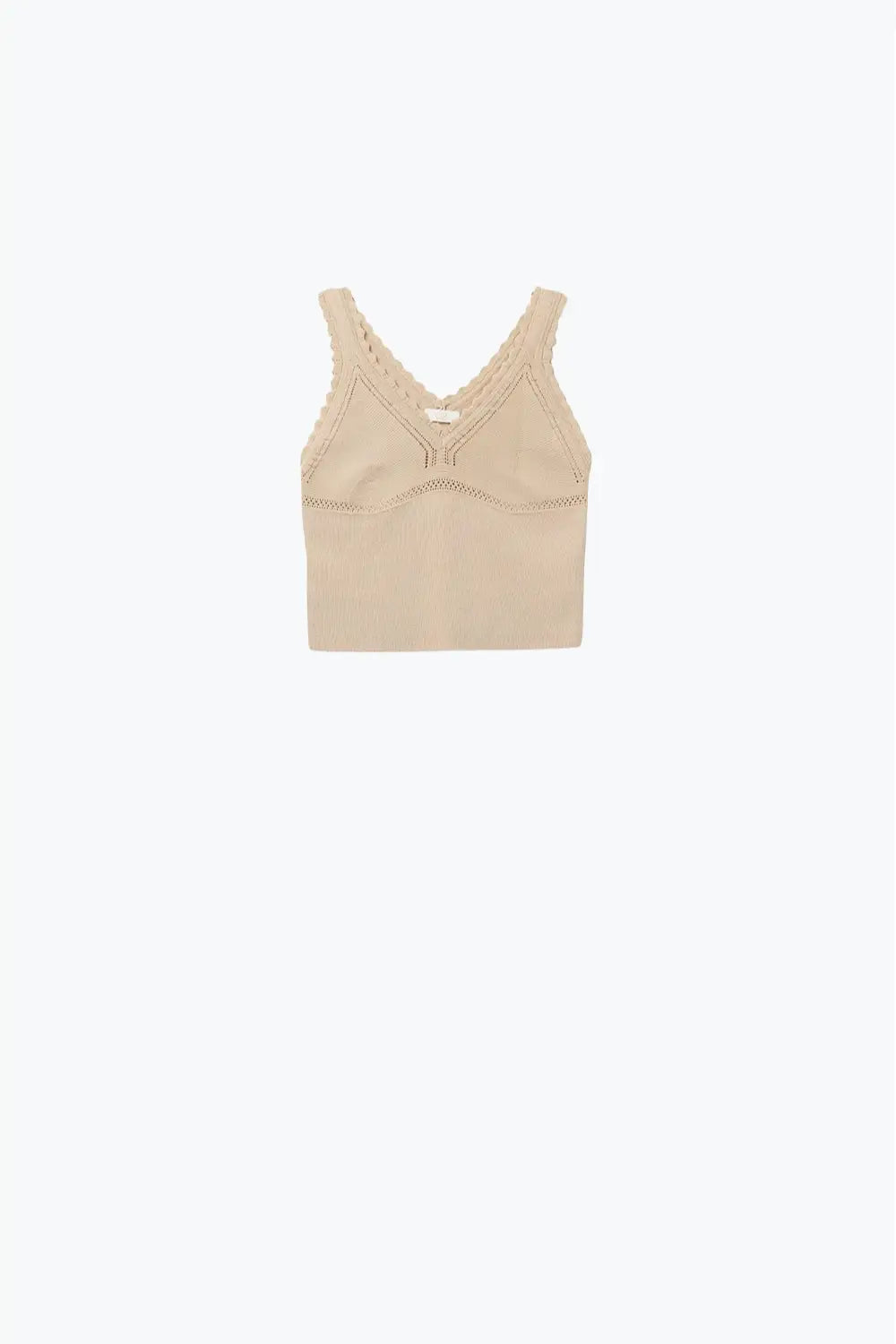 Beige Ribbed Knit Top with Scalloped V-Neck - BEIGE / ONE - Tops