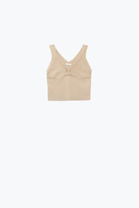 Beige Ribbed Knit Top with Scalloped V-Neck - BEIGE / ONE - Tops