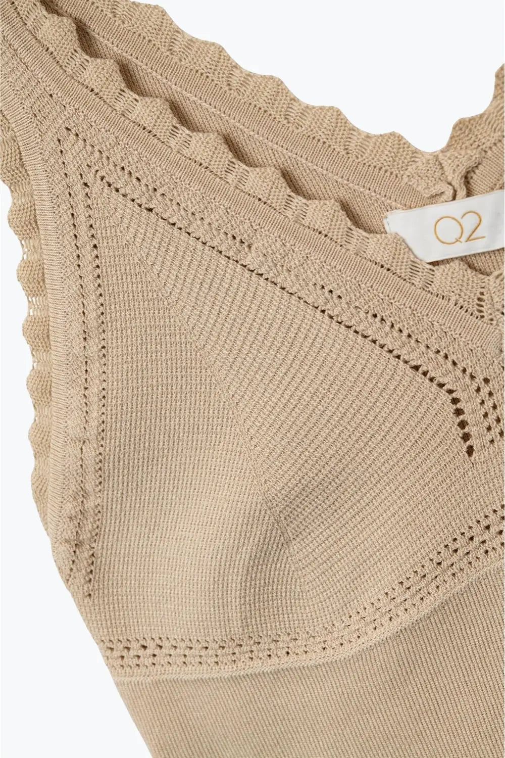 Beige Ribbed Knit Top with Scalloped V-Neck - BEIGE / ONE - Tops