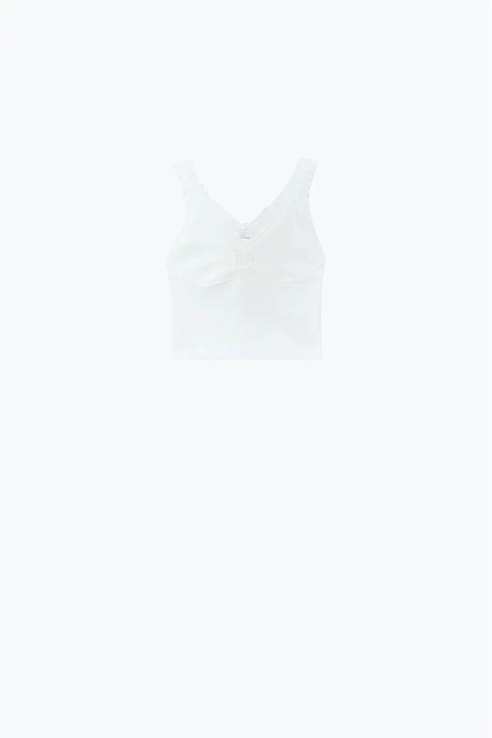 White Knit V-Neck Top with Scalloped Edges - WHITE / ONE - Tops