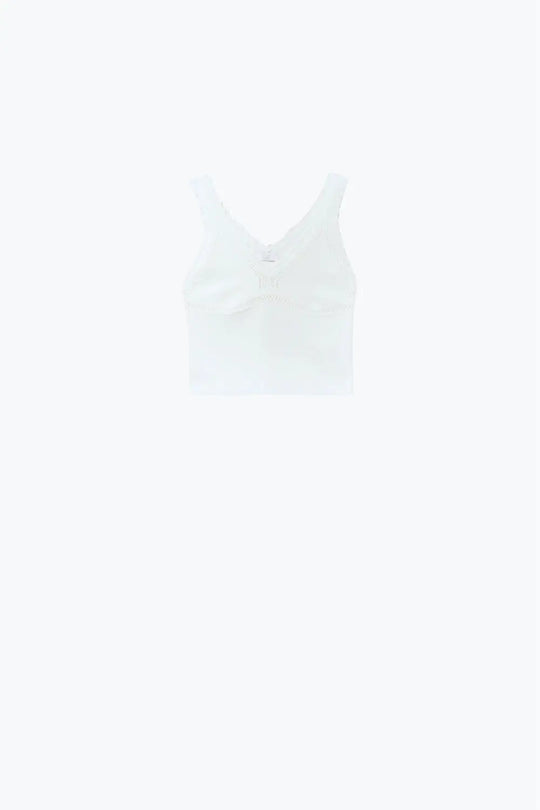 White Knit V-Neck Top with Scalloped Edges - WHITE / ONE - Tops