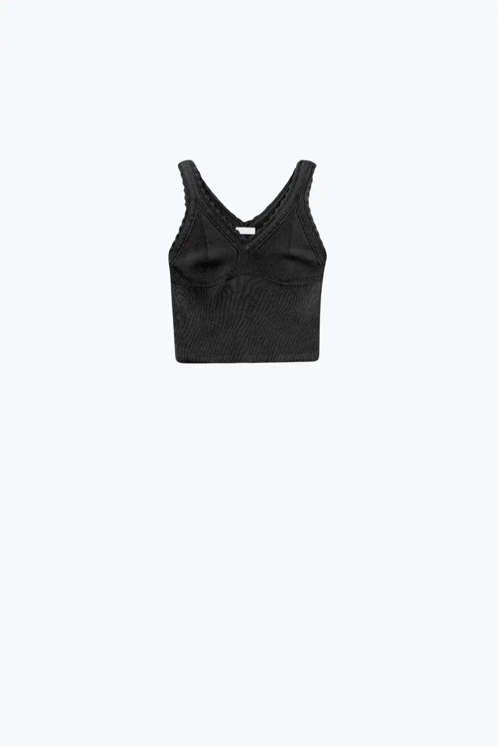 Black Knit V-Neck Top with Scalloped Edges - BLACK / ONE - Tops