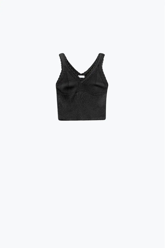 Black Knit V-Neck Top with Scalloped Edges - BLACK / ONE - Tops