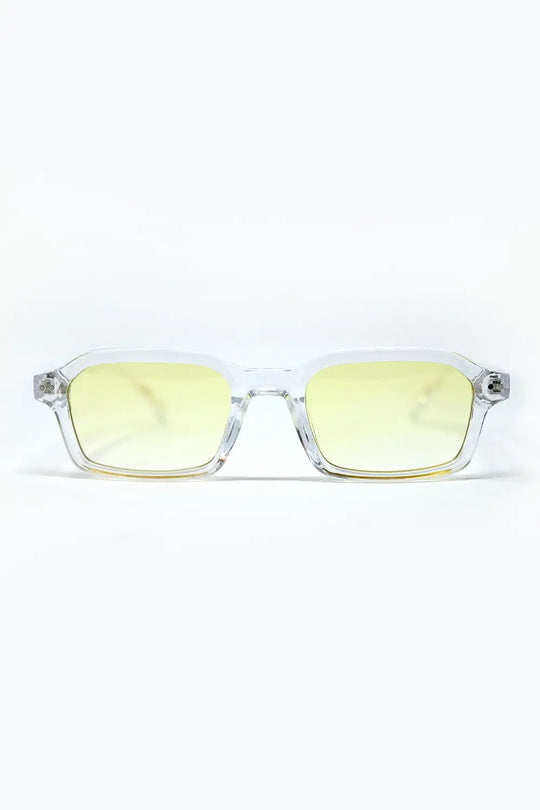 Rectangular Thick Acetate Clear Frame Sunglasses With Yellow Smoke Lense - YELLOW / ONE - Sunglasses