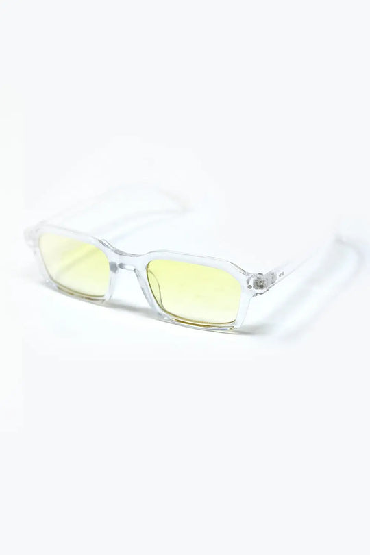 Rectangular Thick Acetate Clear Frame Sunglasses With Yellow Smoke Lense - YELLOW / ONE - Sunglasses