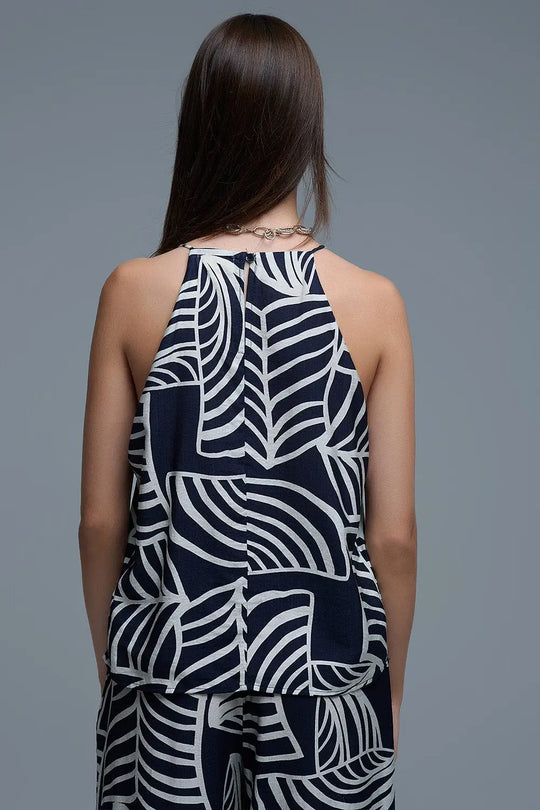 Navy and White Sleeveless Halter Top with White Leaf Print - Tops