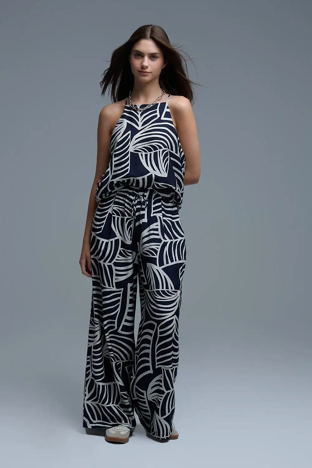 Navy and White Sleeveless Halter Top with White Leaf Print - Tops