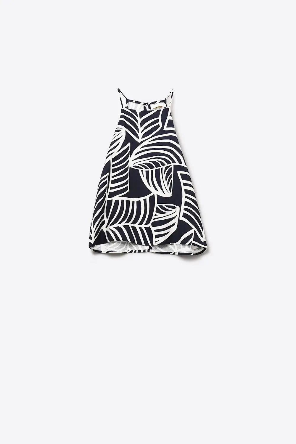 Navy and White Sleeveless Halter Top with White Leaf Print - Tops