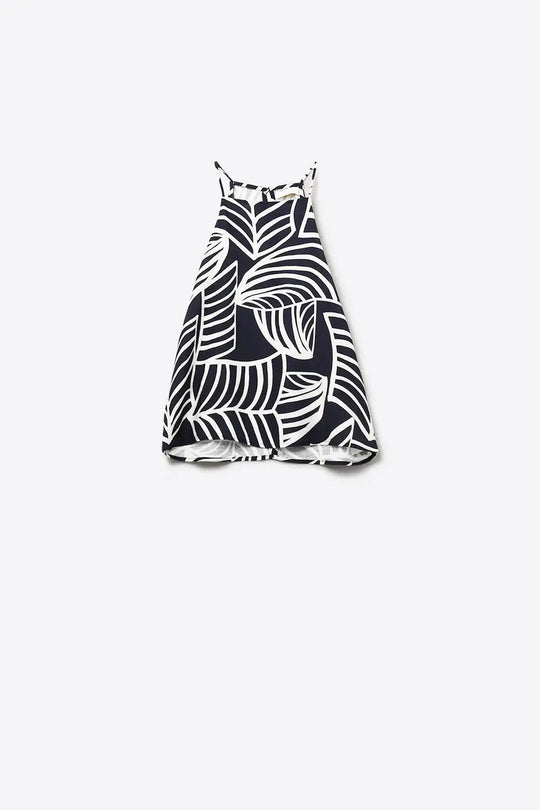 Navy and White Sleeveless Halter Top with White Leaf Print - Tops