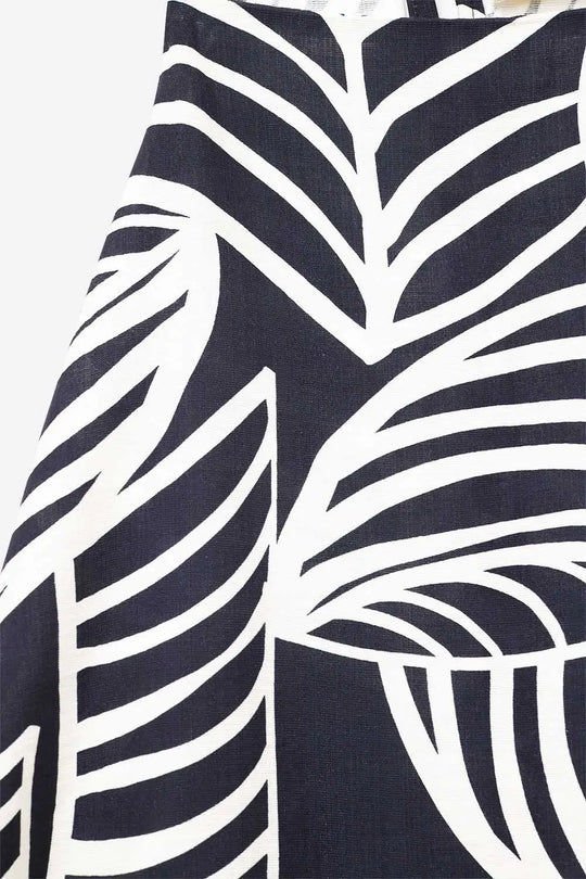 Navy and White Sleeveless Halter Top with White Leaf Print - Tops