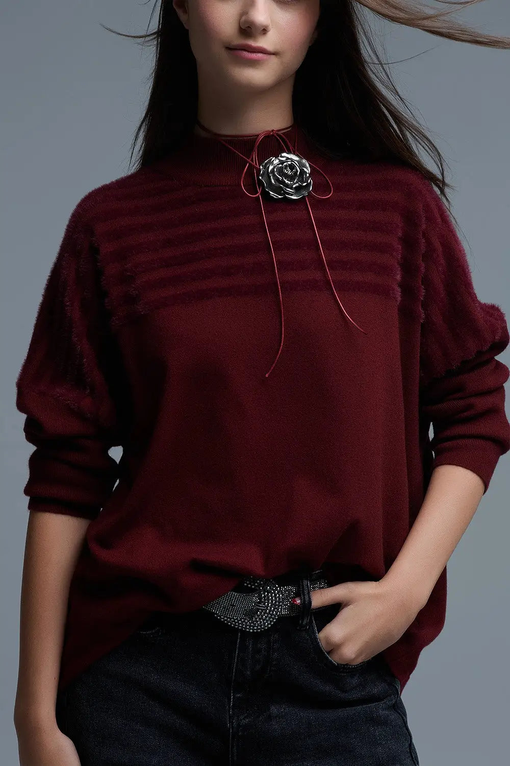 High Neck relaxed Sweater With Textured Stripes in Burgundy - RED / ONE - Sweaters