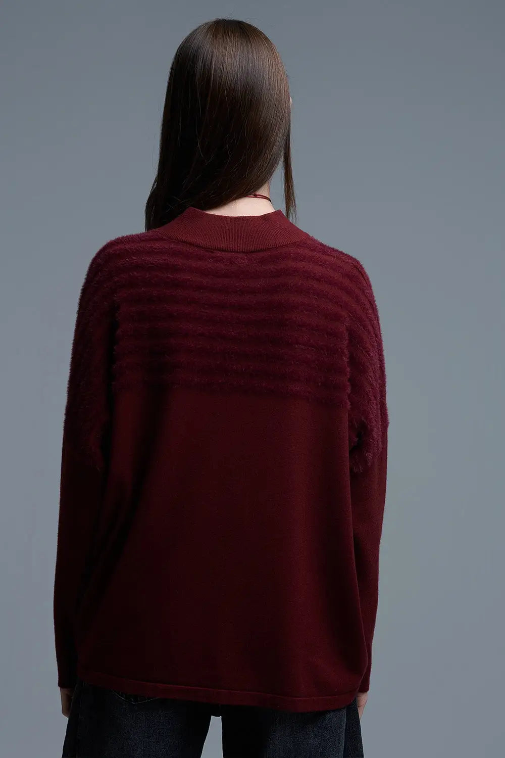 High Neck relaxed Sweater With Textured Stripes in Burgundy - RED / ONE - Sweaters