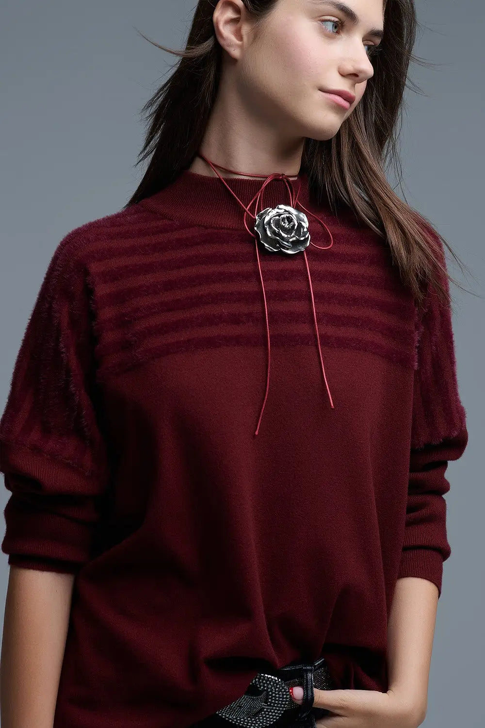High Neck relaxed Sweater With Textured Stripes in Burgundy - RED / ONE - Sweaters