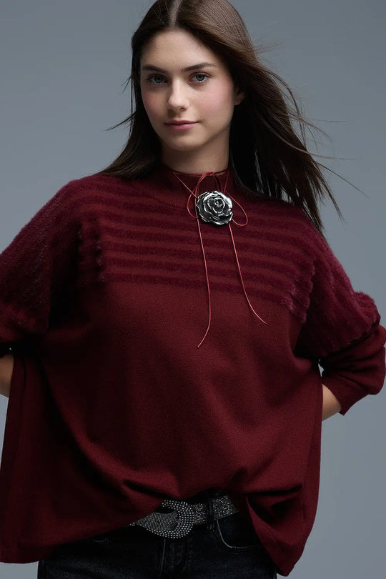 High Neck relaxed Sweater With Textured Stripes in Burgundy - RED / ONE - Sweaters