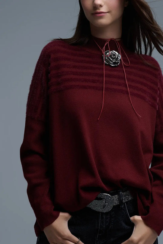 High Neck relaxed Sweater With Textured Stripes in Burgundy - RED / ONE - Sweaters