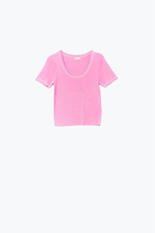Short Sleeve sweater In pink With Silver Seam at Round Neck - FUCHSIA / ONE - Sweaters