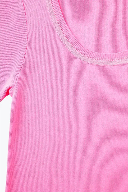 Short Sleeve sweater In pink With Silver Seam at Round Neck - FUCHSIA / ONE - Sweaters