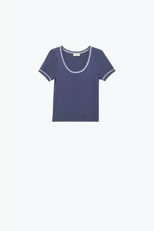 Short Sleeve sweater In navy With Silver Seam at Round Neck - NAVY / ONE - Sweaters