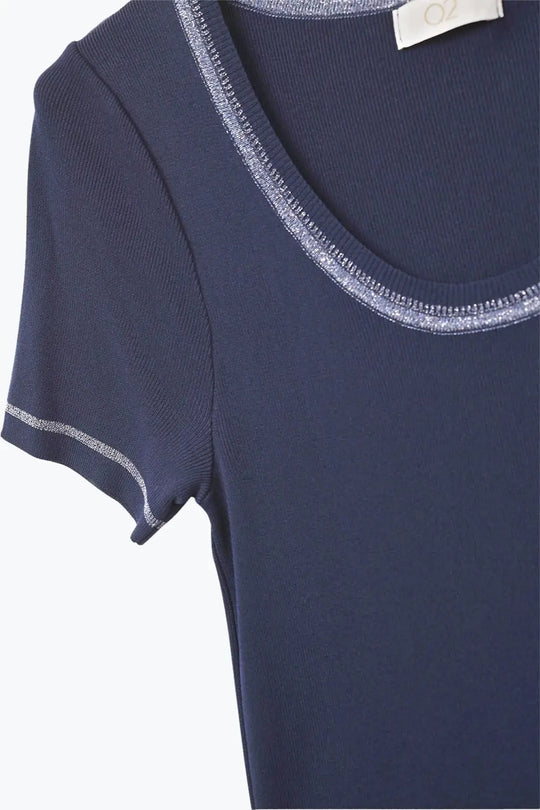 Short Sleeve sweater In navy With Silver Seam at Round Neck - NAVY / ONE - Sweaters