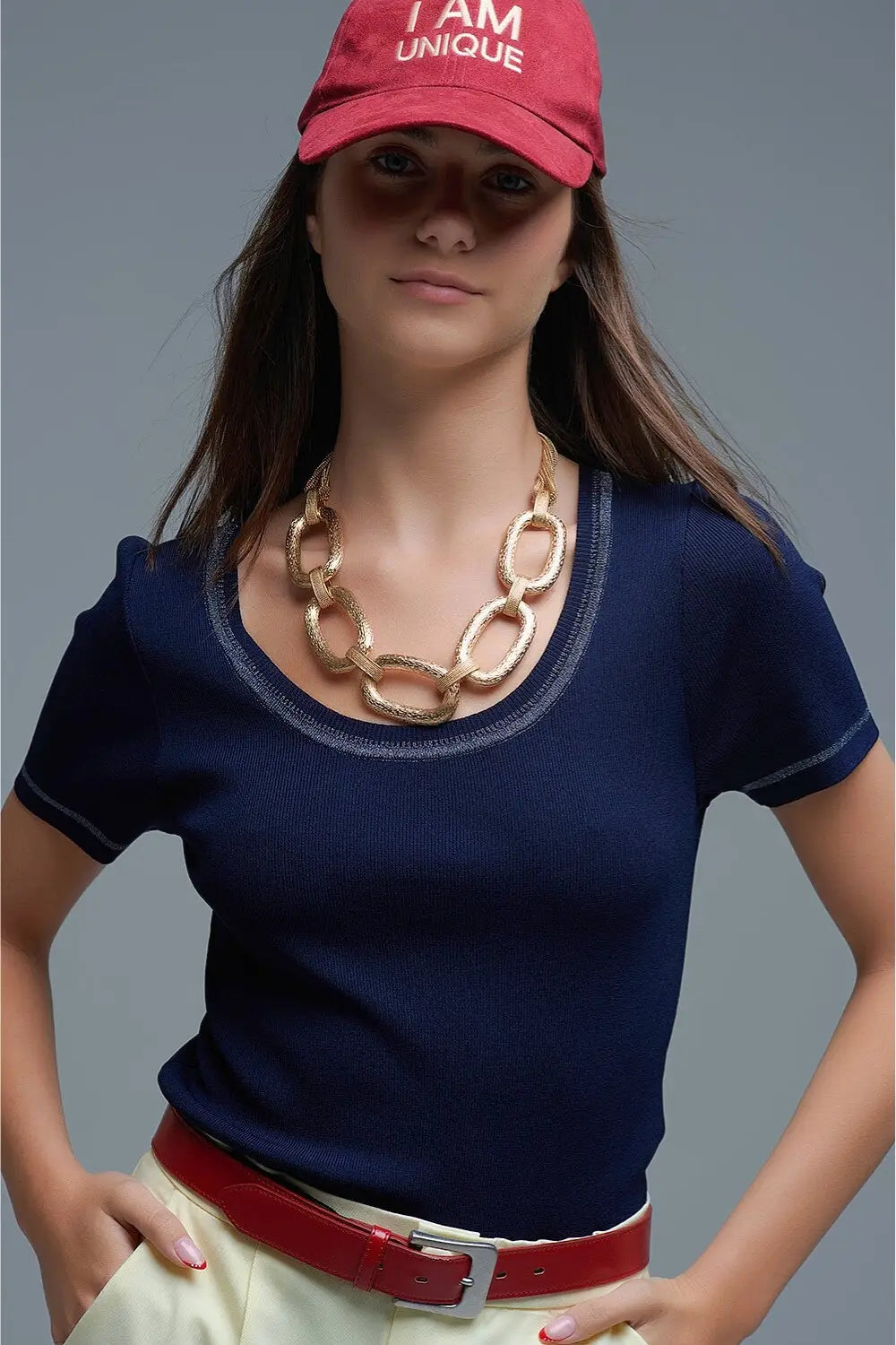Short Sleeve sweater In navy With Silver Seam at Round Neck - NAVY / ONE - Sweaters