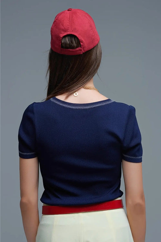 Short Sleeve sweater In navy With Silver Seam at Round Neck - NAVY / ONE - Sweaters
