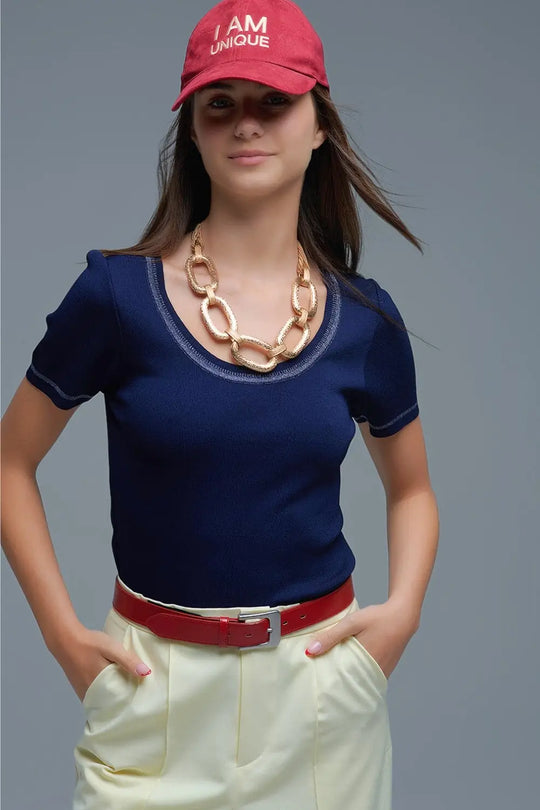 Short Sleeve sweater In navy With Silver Seam at Round Neck - NAVY / ONE - Sweaters